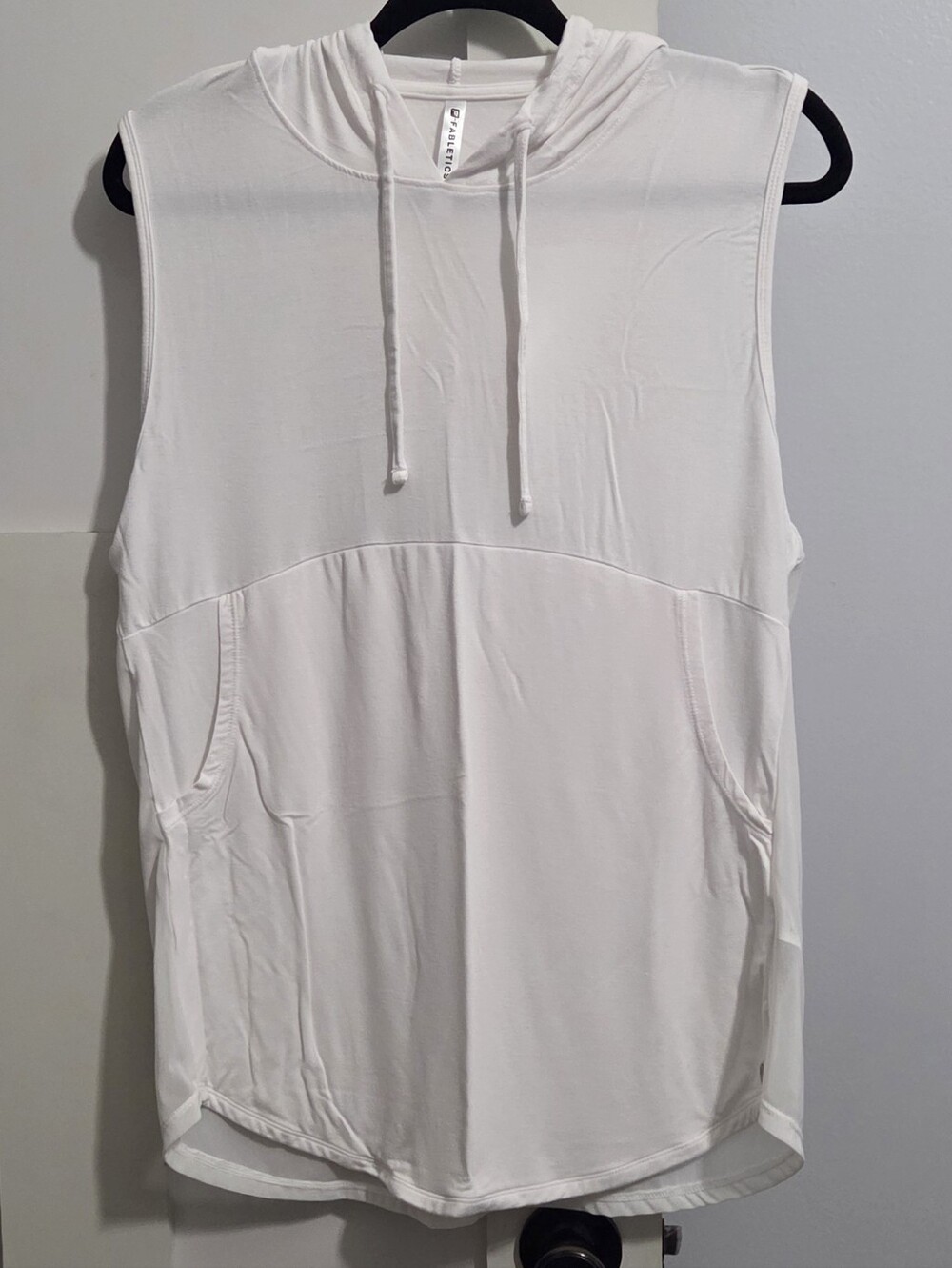Fabletics White Sleeveless Hooded Tank with Front Pocket And Sheer Back
